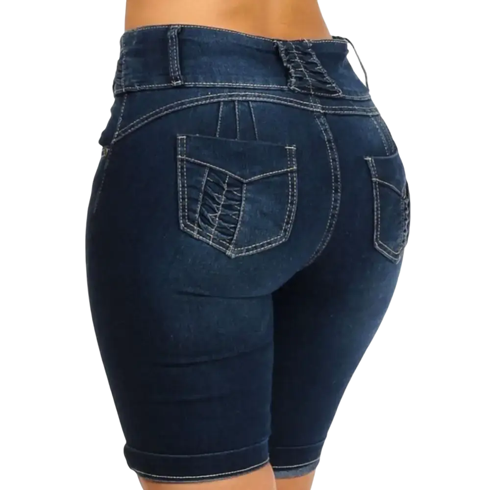 Dark blue high waist denim shorts with slim fit and lace-up back detail shown from the back side