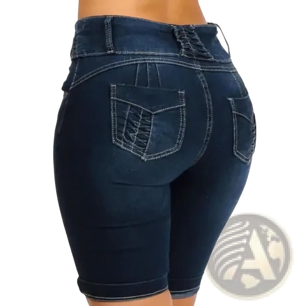 Dark blue high waist denim shorts with slim fit design and rolled cuffs suitable for summer jeans wear