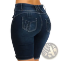 Dark blue high waist denim shorts with slim fit design and rolled cuffs suitable for summer jeans wear