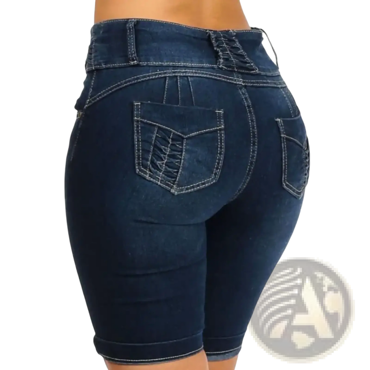 Dark blue high waist denim shorts with slim fit and lace-up back detail shown from the back side
