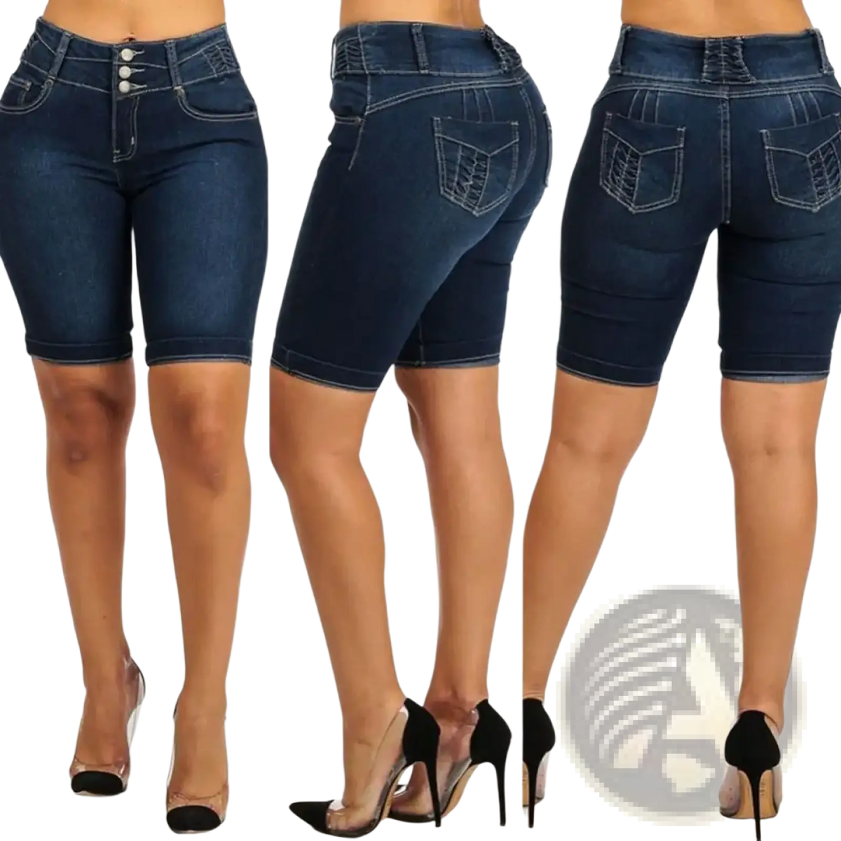 Dark blue high waist denim shorts with slim fit and lace up back pockets ideal for summer wear shown from back side