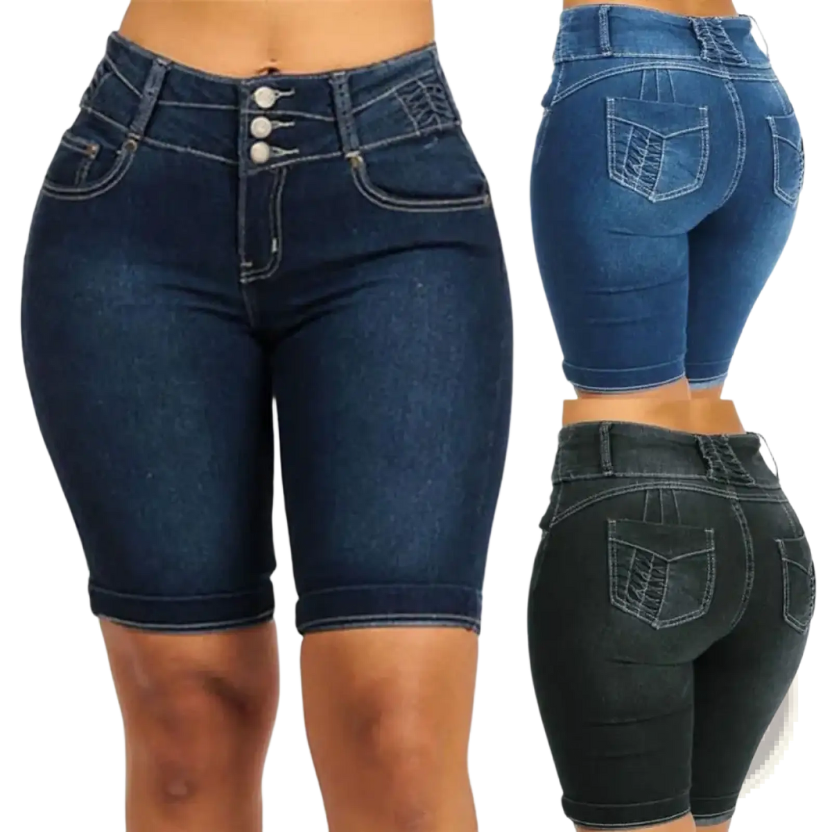High waist dark blue denim shorts with slim fit, three silver buttons, and white stitching for summer wear