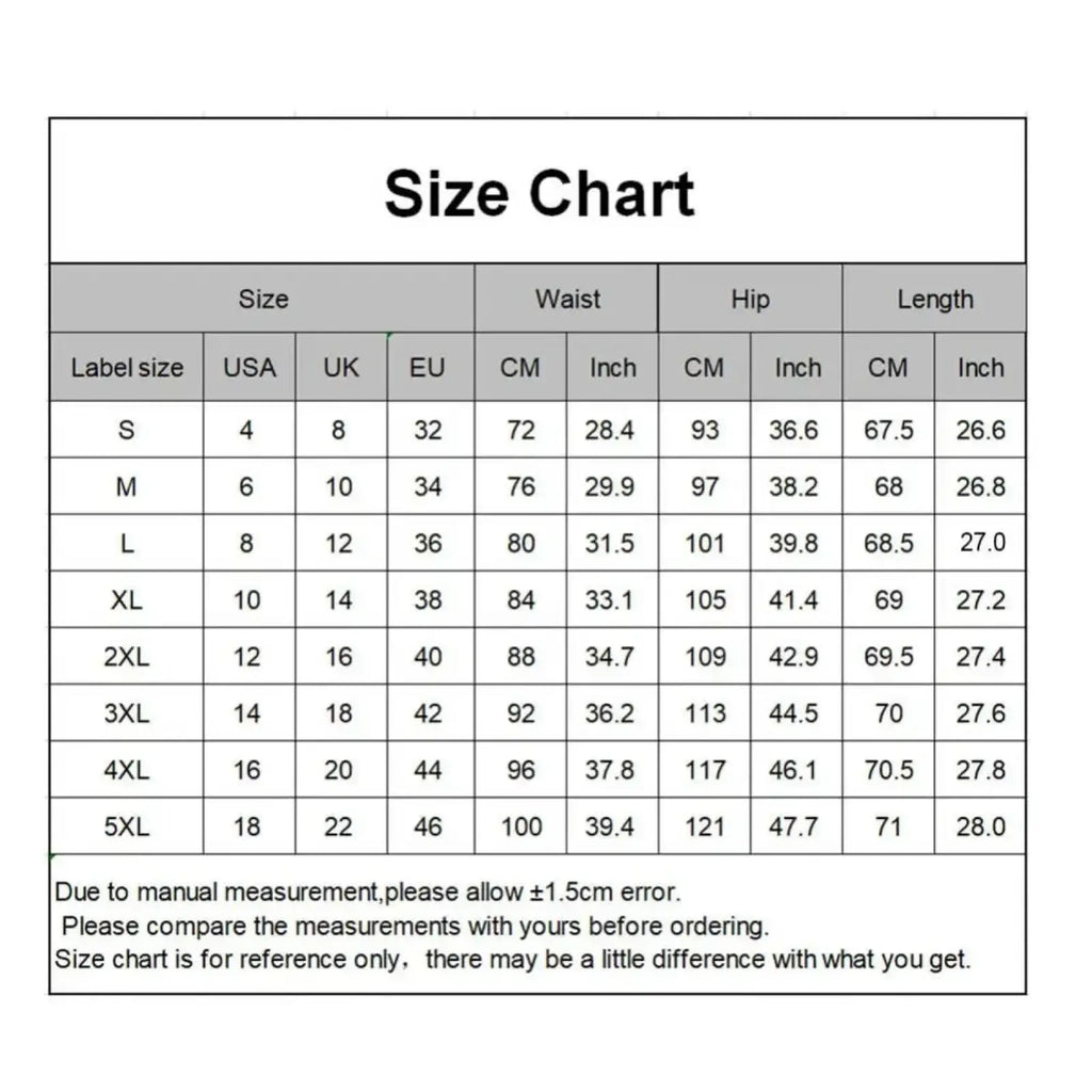 Size chart for high waist denim shorts slim fit summer jeans showing measurements from size S to 5XL in various units