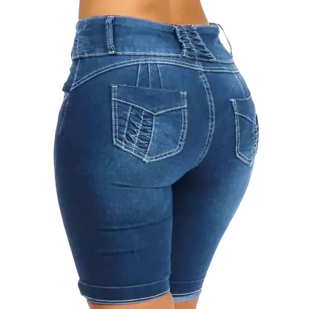 Back side of high waist denim shorts slim fit summer jeans in blue with decorative stitching on pockets