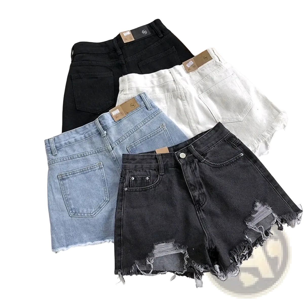 Black distressed high waist denim shorts for women with frayed hem and silver rivets for summer streetwear