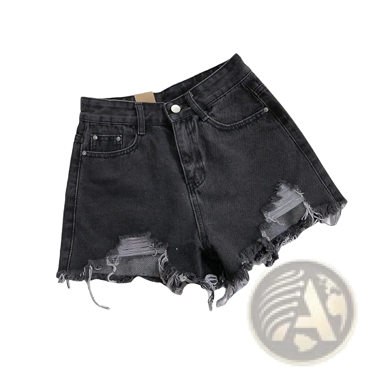 High waist black distressed denim shorts for women with frayed hem and button closure ideal for summer streetwear