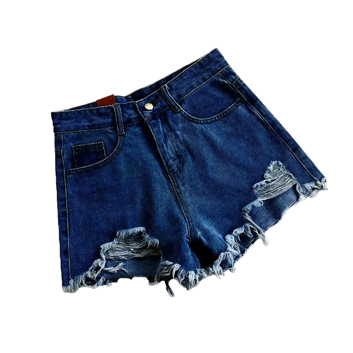 Dark blue high waist denim shorts for women with frayed hem and brown leather belt loop for summer streetwear