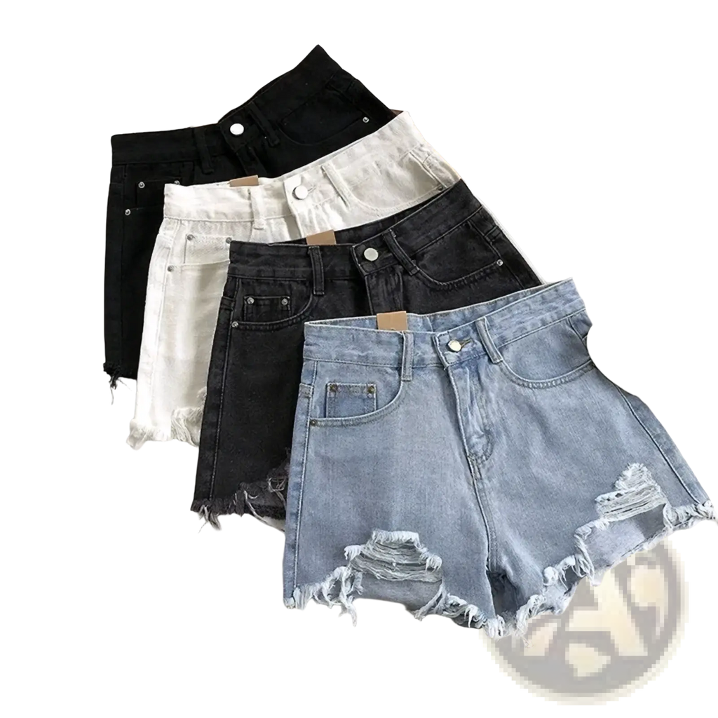 A stack of high waist denim shorts for women in black white dark wash and light blue with frayed hems for summer streetwear