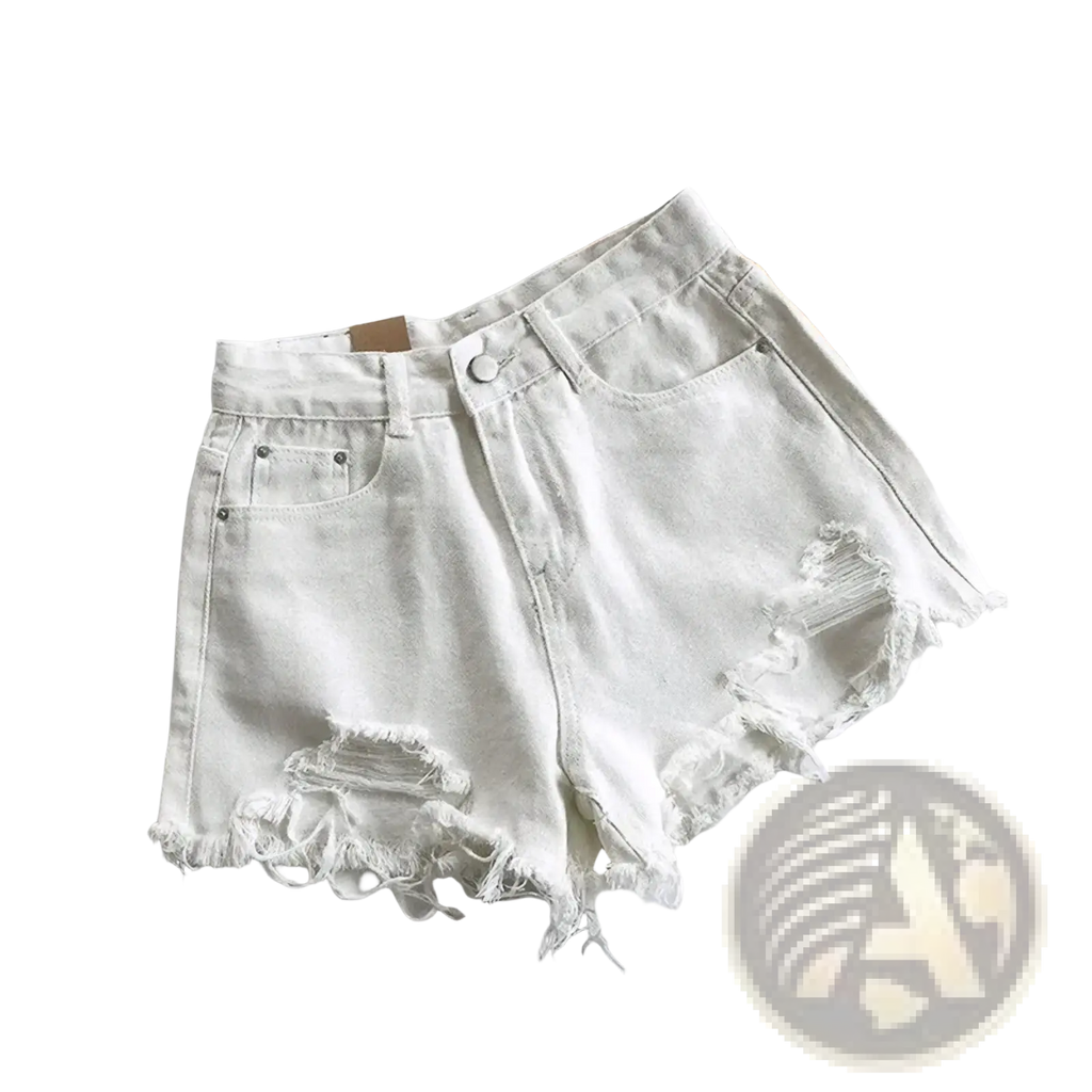 High waist white distressed denim shorts for women with frayed hem and button closure ideal for summer streetwear