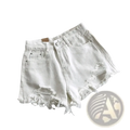 High waist white distressed denim shorts for women with frayed hem and button closure ideal for summer streetwear