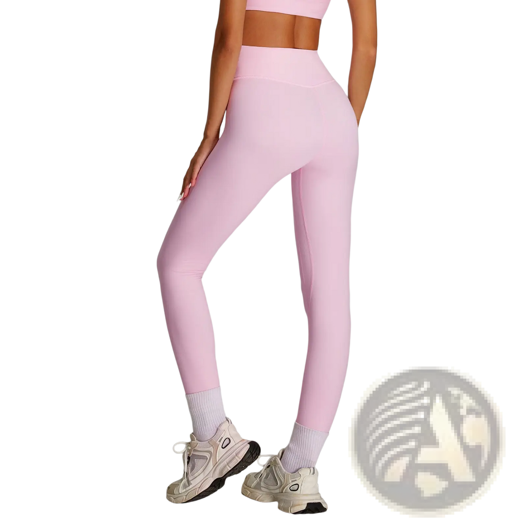 Pink high waist fitness leggings with smooth stretchy fabric and seamless design for quick drying sports use