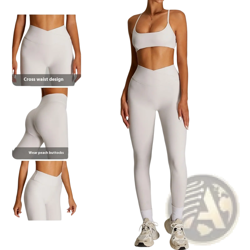 A pair of nude high waist fitness leggings with cross waist design and double grinded quick drying fabric