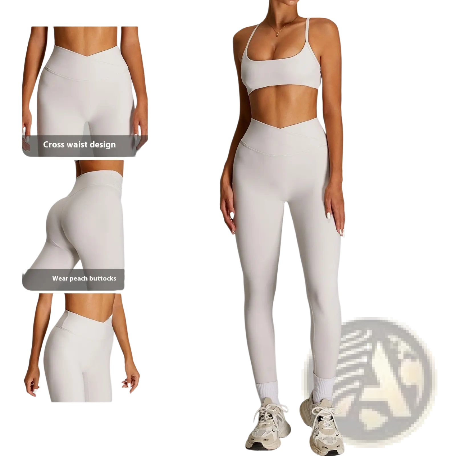 A pair of nude high waist fitness leggings with cross waist design and double grinded quick drying fabric