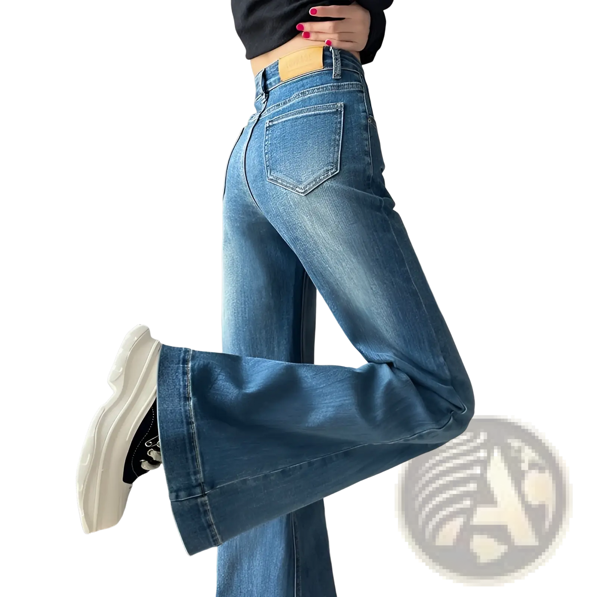High waist flare denim jeans in blue with flared legs and a yellow back pocket patch shown from the back side