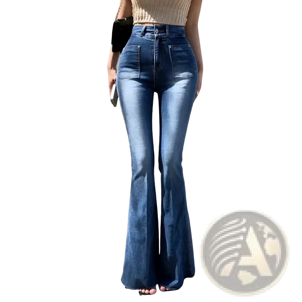 High waist flare denim jeans in blue with classic five-pocket design and subtle fading for a vintage-inspired look