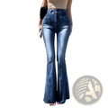High waist flare denim jeans in blue with classic five-pocket design and subtle fading for a vintage-inspired look