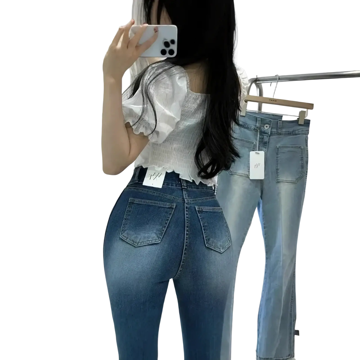 High-waisted blue denim jeans with a fitted tapered leg design and visible stitching details in cotton material