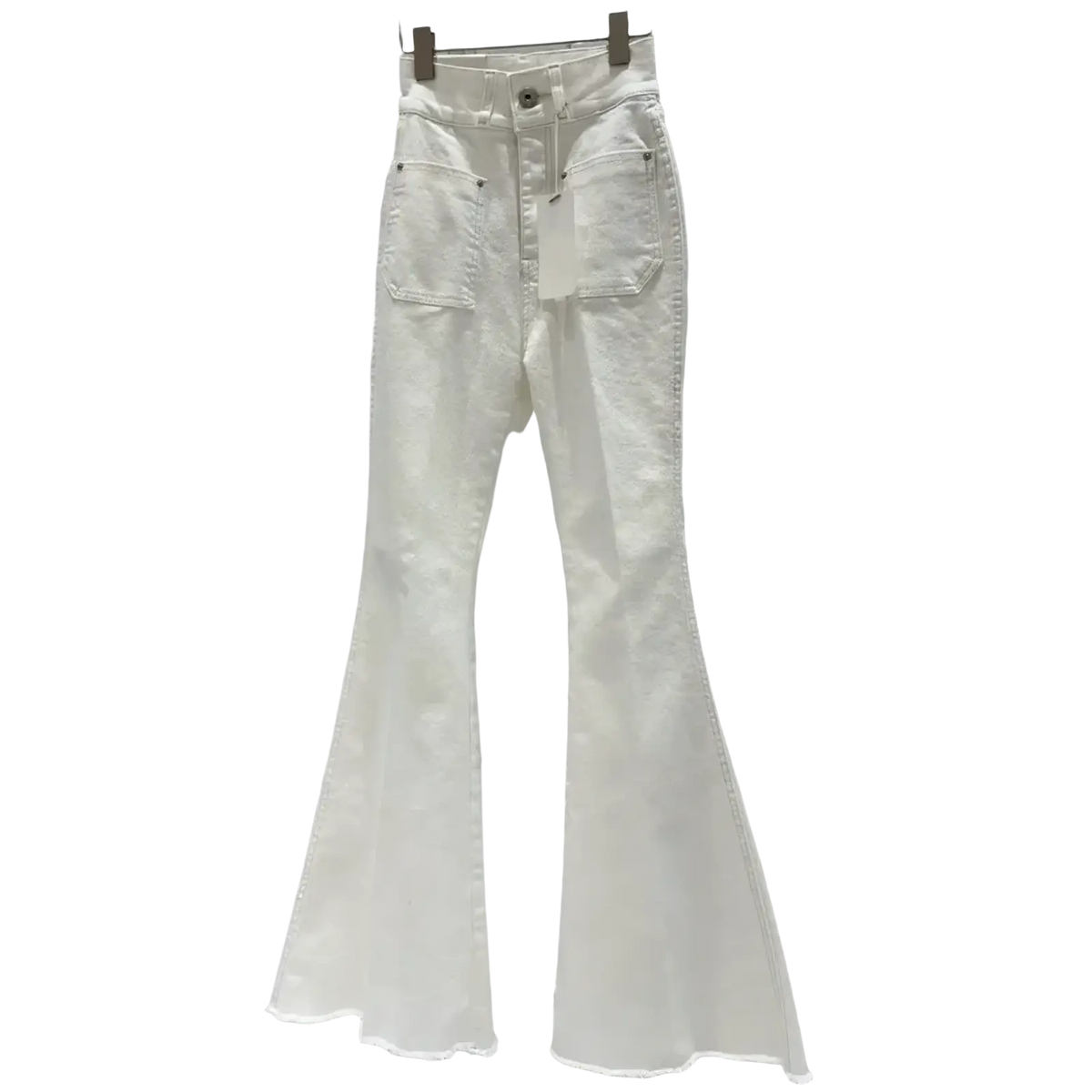 High waist flare denim jeans in white with frayed hem and flared leg made from denim material