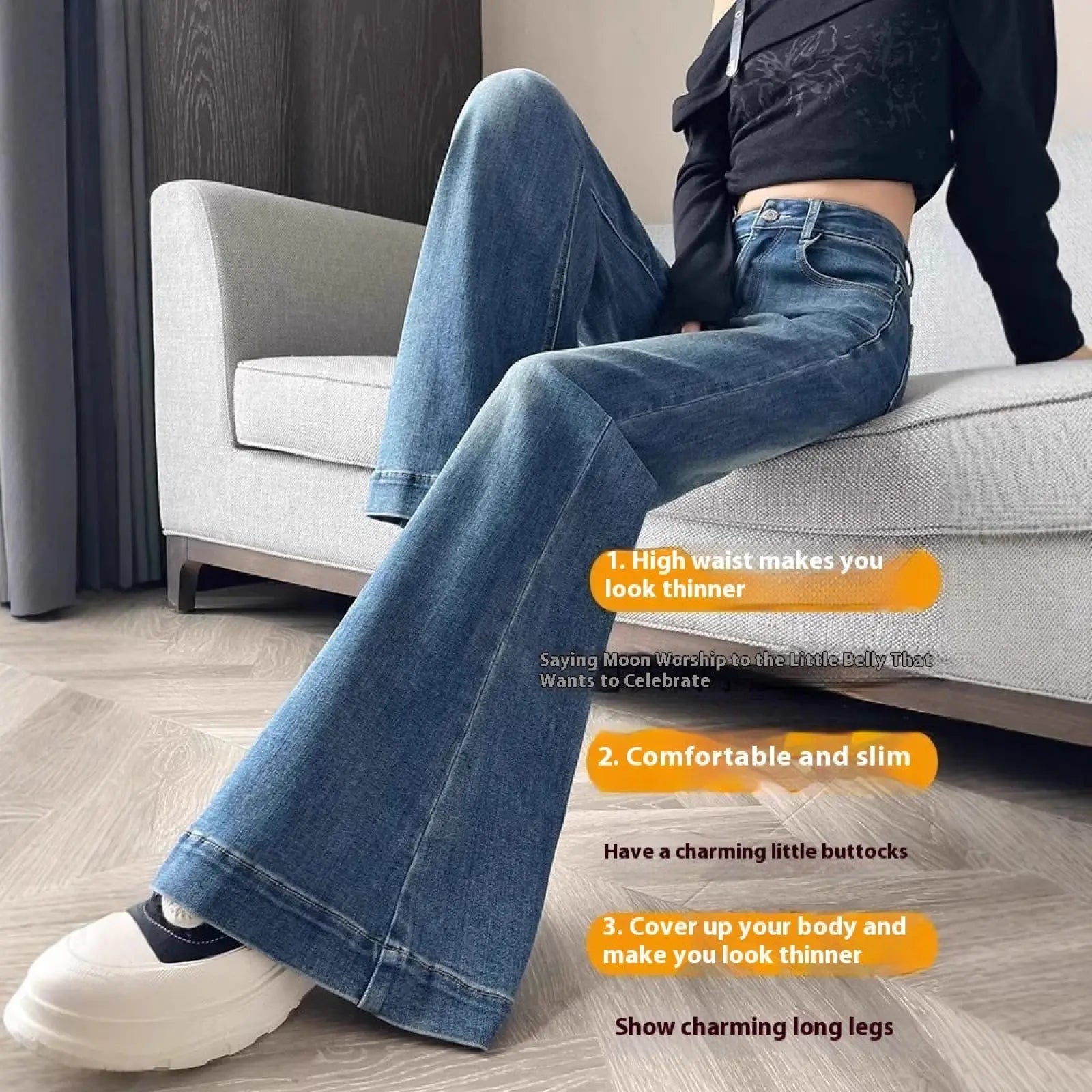 High waist flare denim jeans in blue denim with classic stitching detail and a high waist design