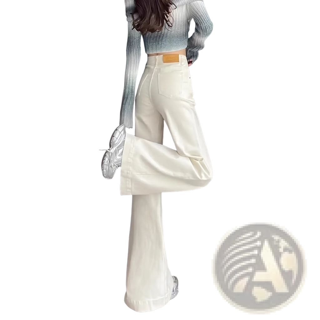 Cream-colored high waist flare denim jeans with a smooth slightly glossy finish and a high-waisted fit