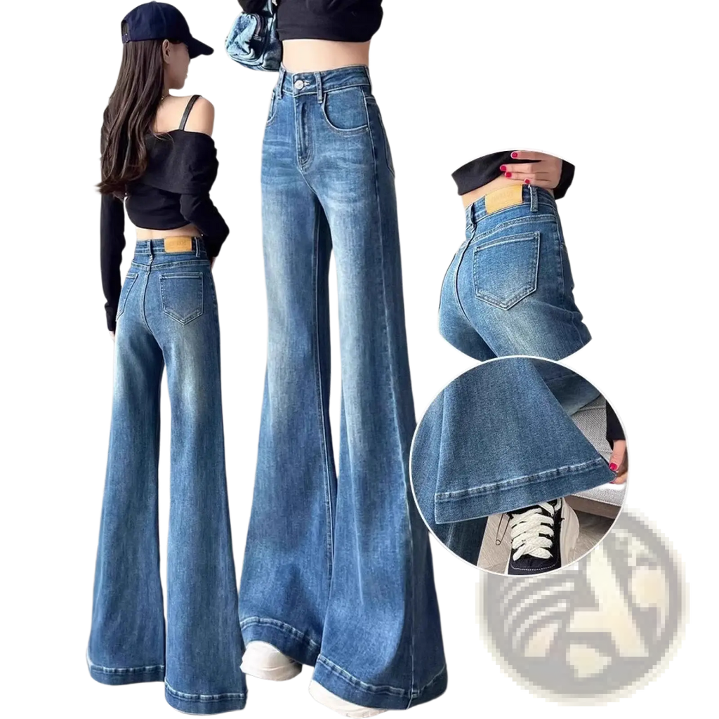 High waist flare denim jeans in blue with classic five-pocket design and subtle fading for a worn-in look