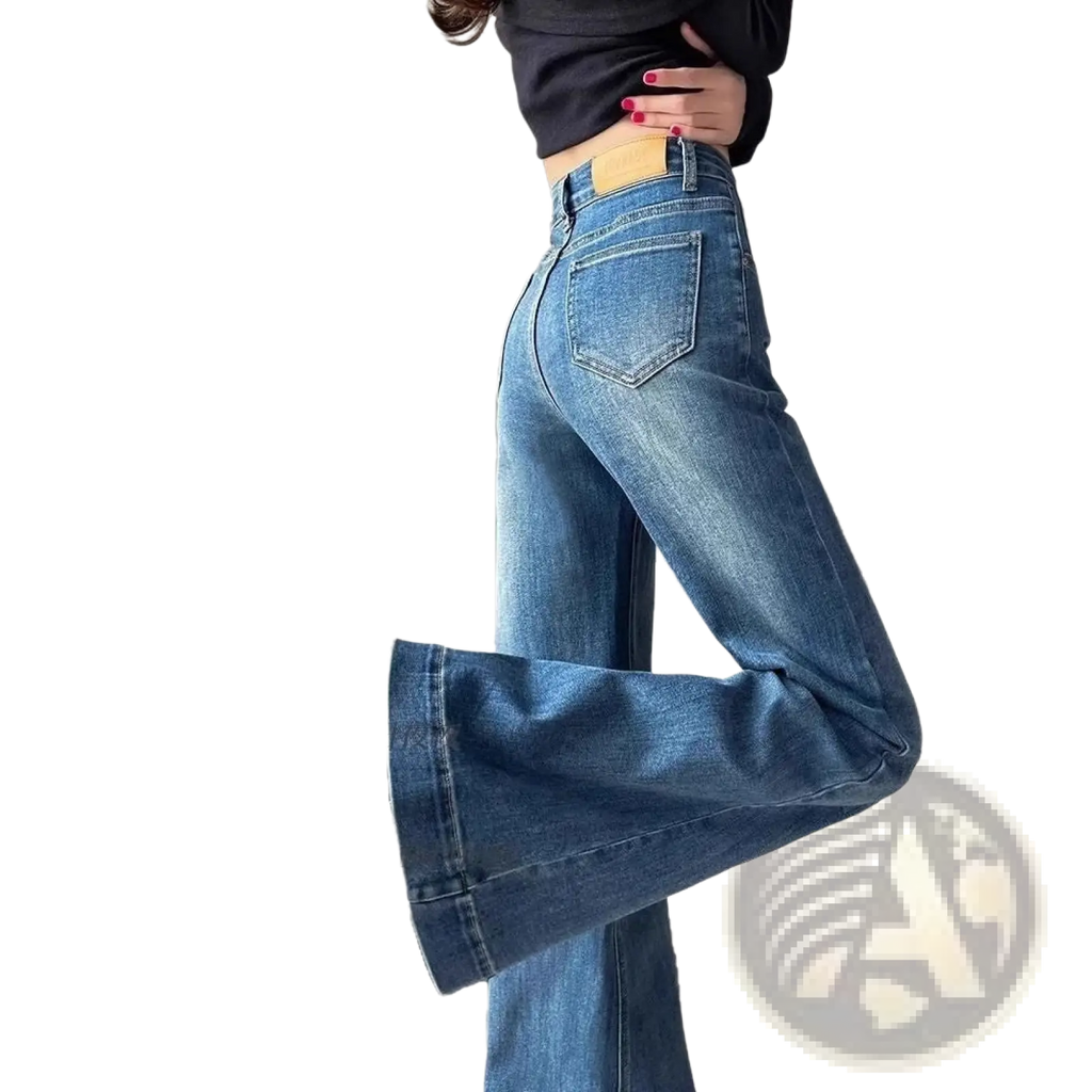 High waist flare denim jeans in blue denim featuring a classic retro design with high-rise fit and flared legs