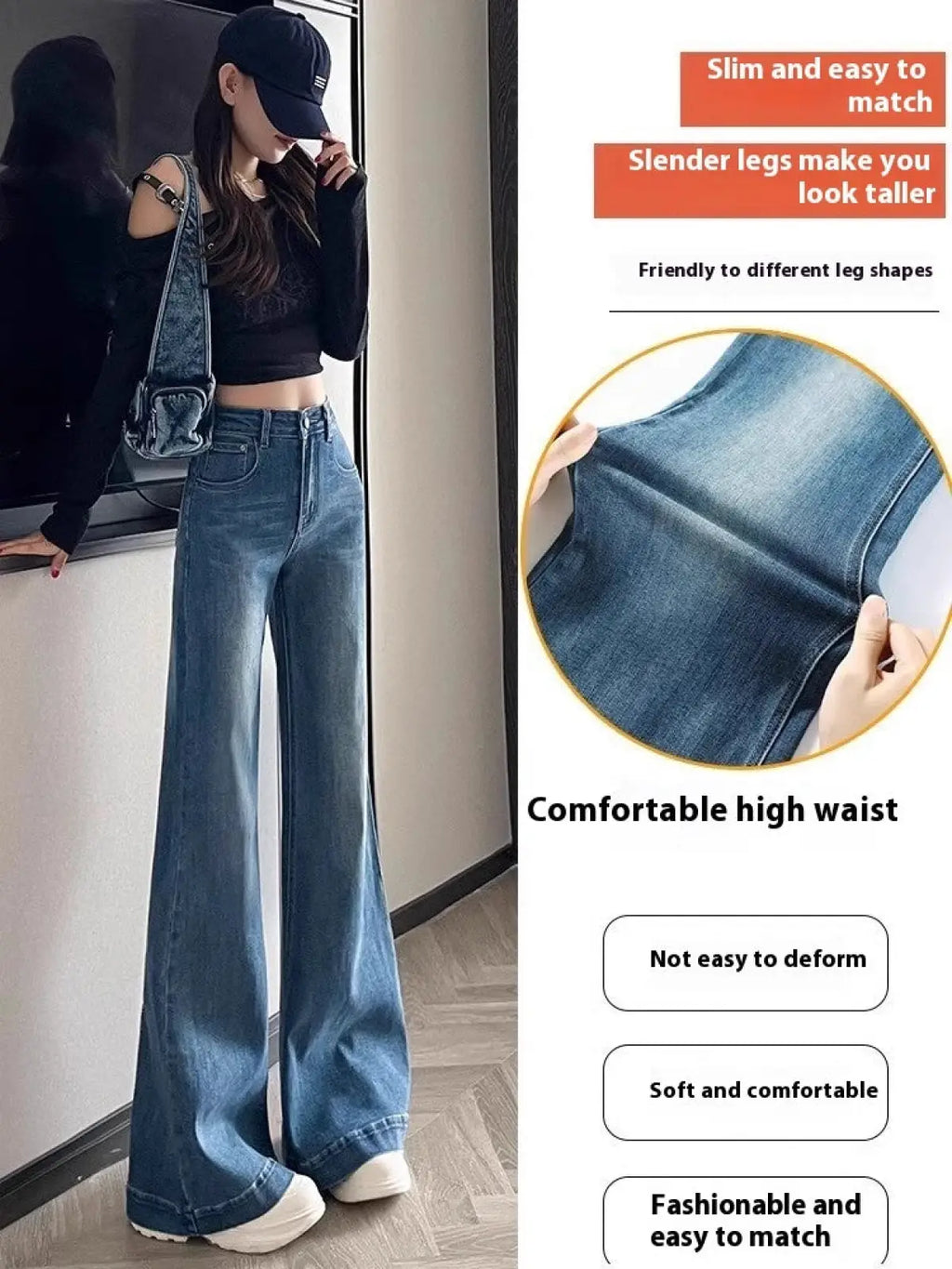 High waist flare denim jeans in blue denim featuring a high-waisted fit and flared leg design