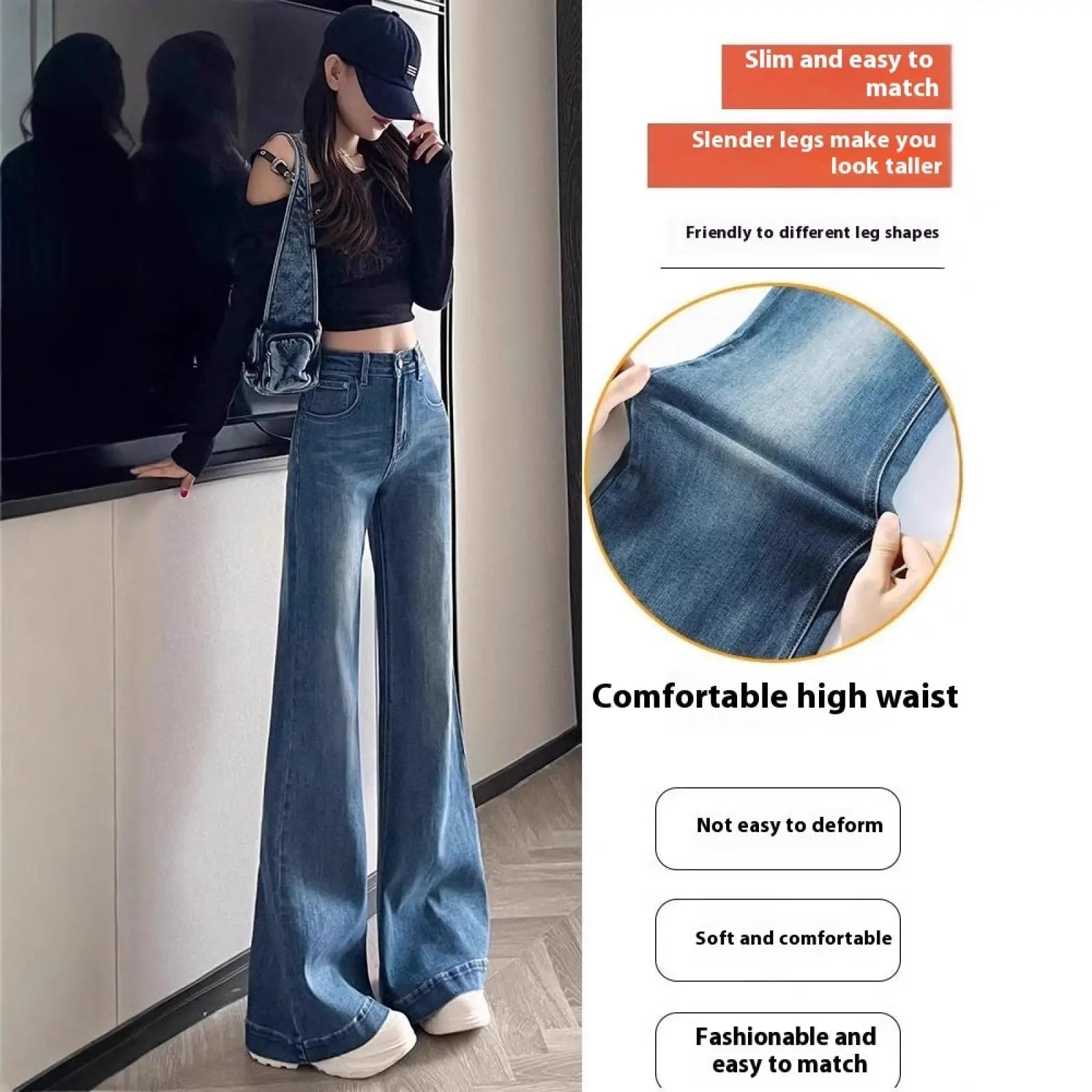 High waist flare denim jeans in blue featuring slim fit and comfortable stretch fabric for flattering slimmer legs