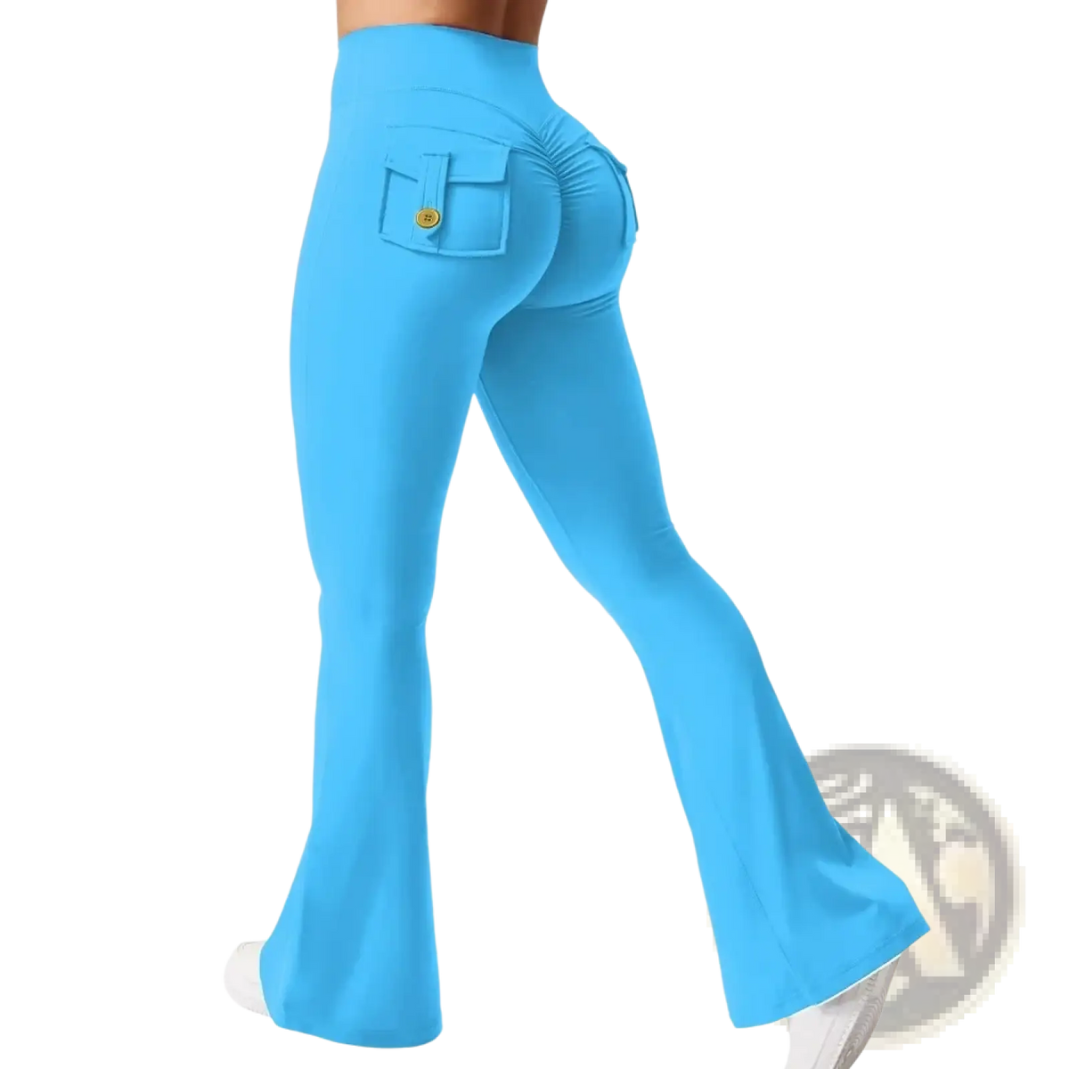 Bright blue high waist flared yoga leggings showing the back with ruched pocket and gold tone button detail