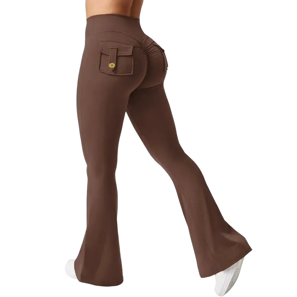 Back view of brown high waist flared yoga leggings with a rear pocket and gold toned button detail