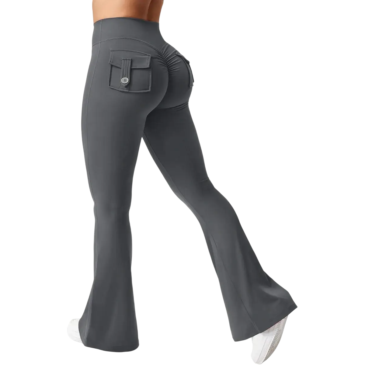 Dark gray high waist flared yoga leggings with ruched back pocket and button closure shown from the back side
