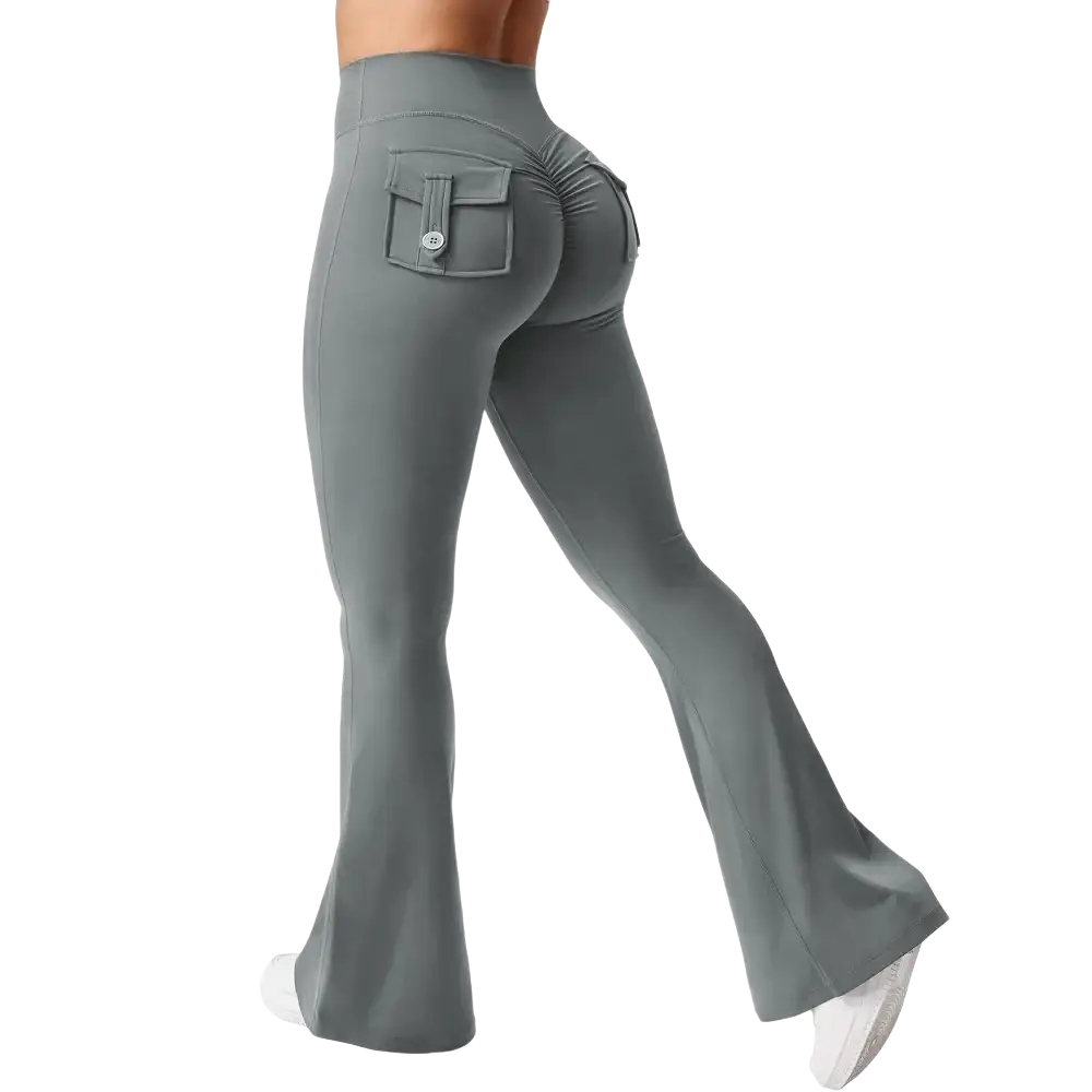 Back view of gray high waist flared yoga leggings with ruched back pocket and button closure