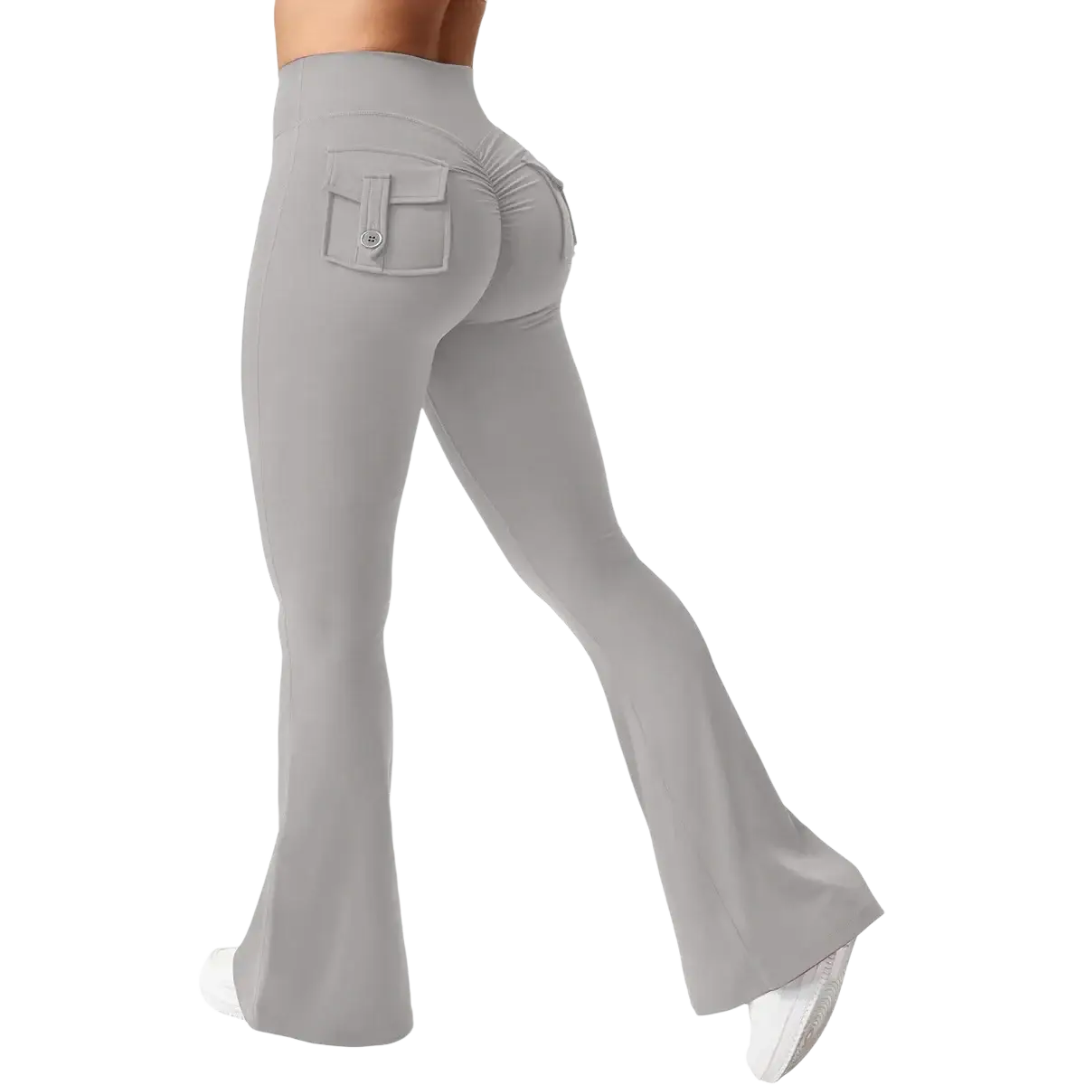 Backside of gray high waist flared yoga leggings featuring ruched back pocket and button closure
