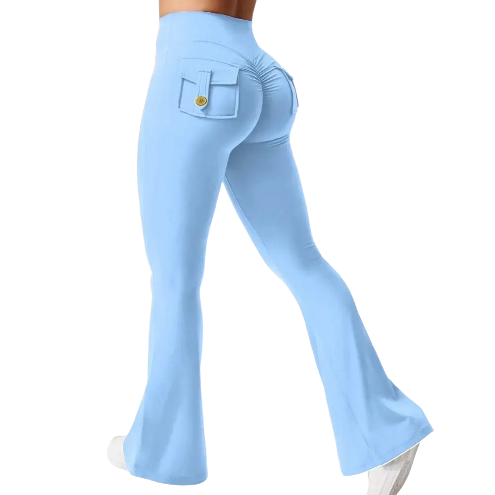 Light blue high waist flared yoga leggings shown from the back with ruched pocket and gold toned button detail