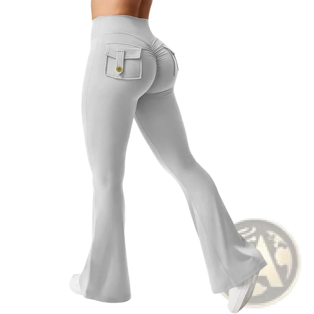 Light gray high waist flared yoga leggings with ruched back pocket and gold toned button detail on the back side