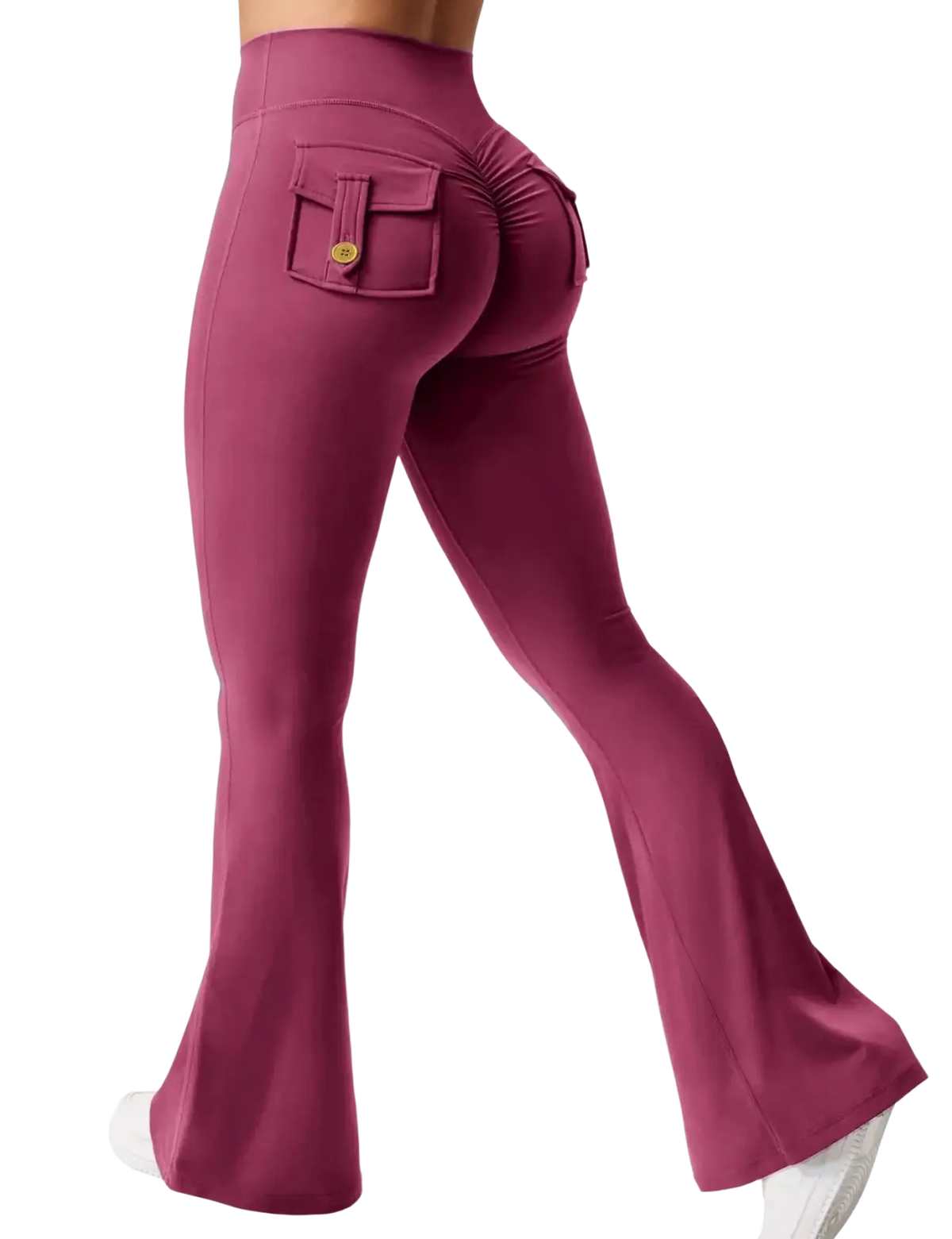 Magenta high waist flared yoga leggings with ruched back and front pocket featuring a gold toned button