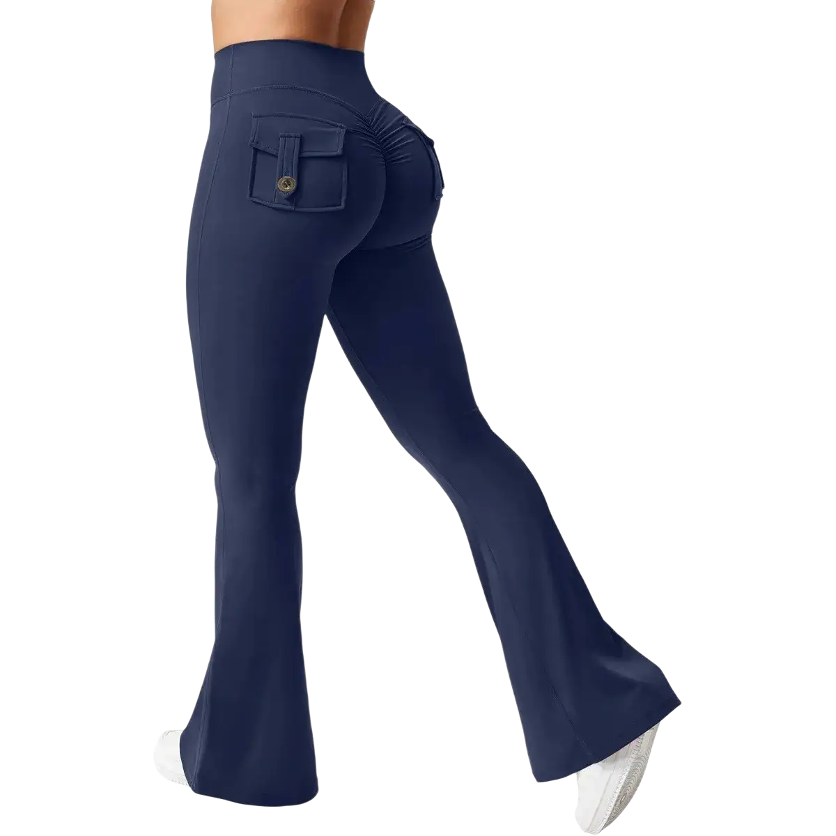 Navy blue high waist flared yoga leggings with rear pocket and button detail shown from the back side