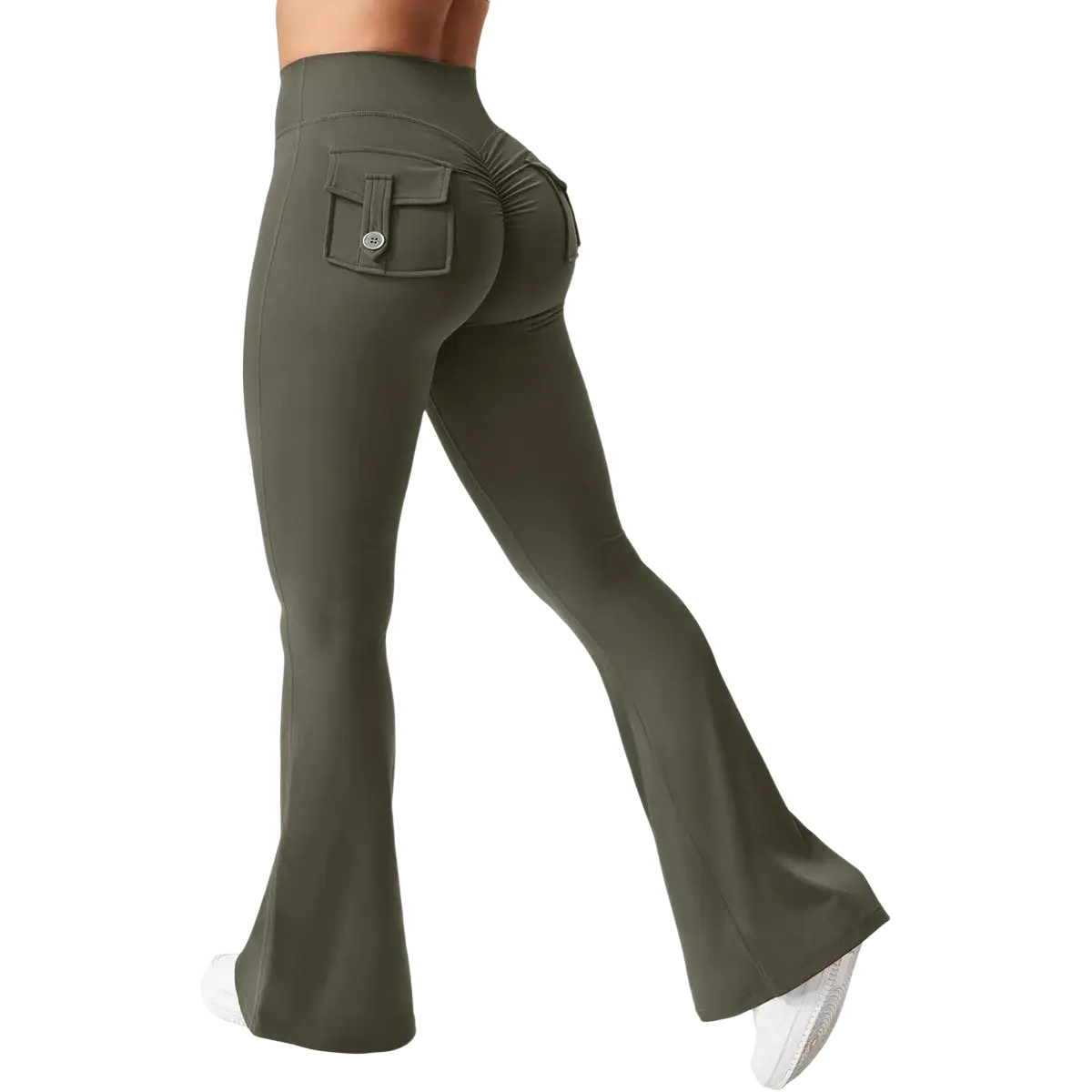 Back view of olive green high waist flared yoga leggings with rear pocket and button closure made from stretch fabric