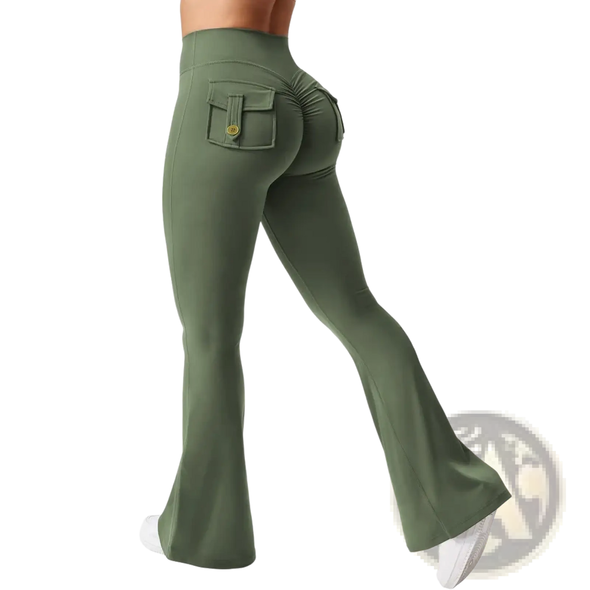 Back view of olive green high waist flared yoga leggings with ruched pocket and gold tone button detail