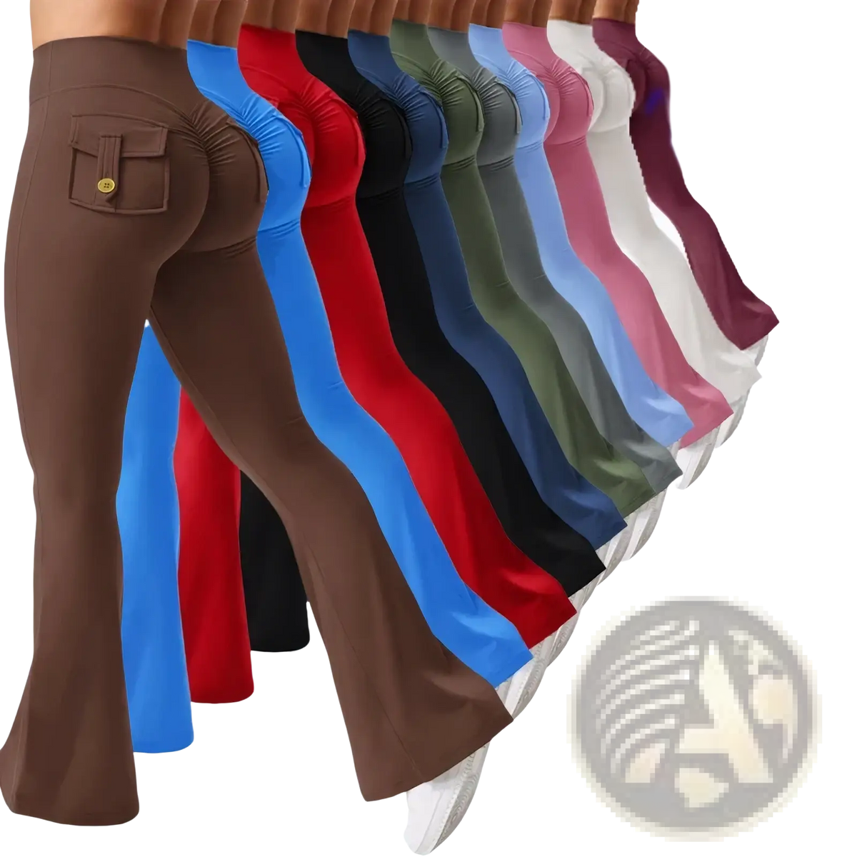 A row of colorful high waist flared yoga leggings in solid brown blue red black green pink and white colors