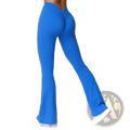 Bright blue high-waist flared yoga pants with ruched back design shown from the back side for active wear