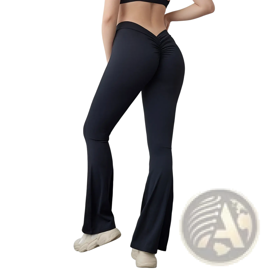 Black high-waist flared yoga pants with ruched back design shown from the back for activewear use