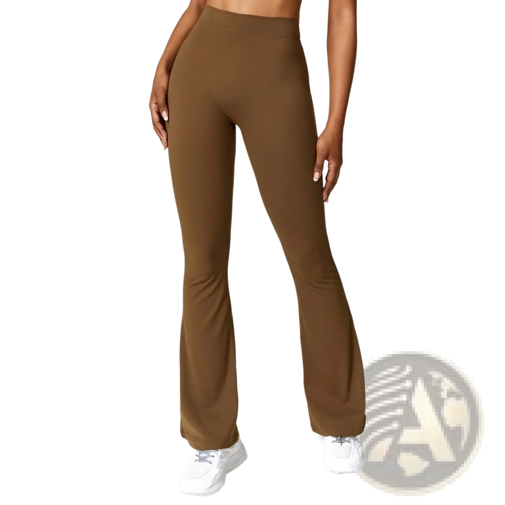 Brown high-waist flared yoga pants made of smooth stretchy fabric ideal for activewear and casual use