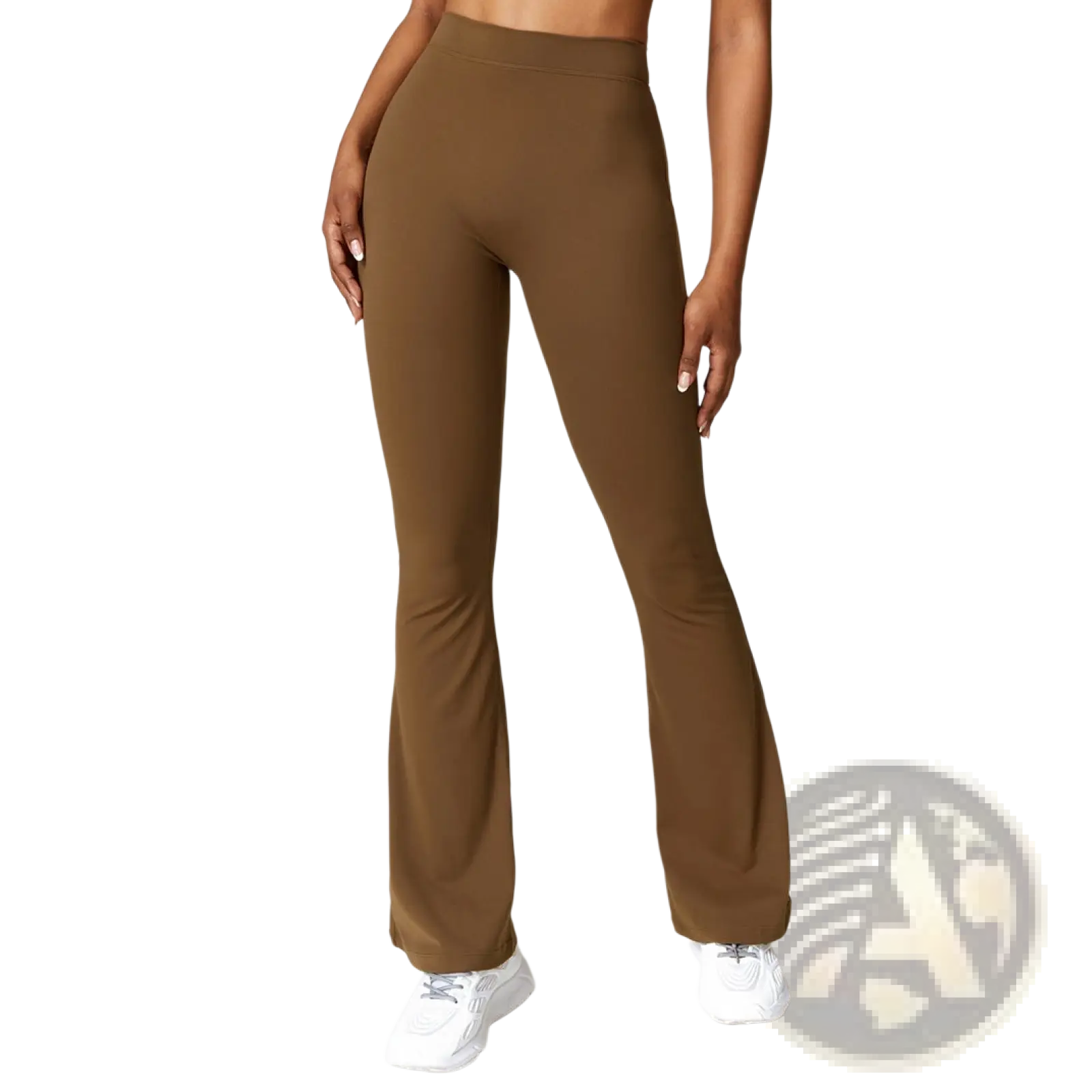 Brown high-waist flared yoga pants made of smooth stretchy fabric ideal for activewear and casual use
