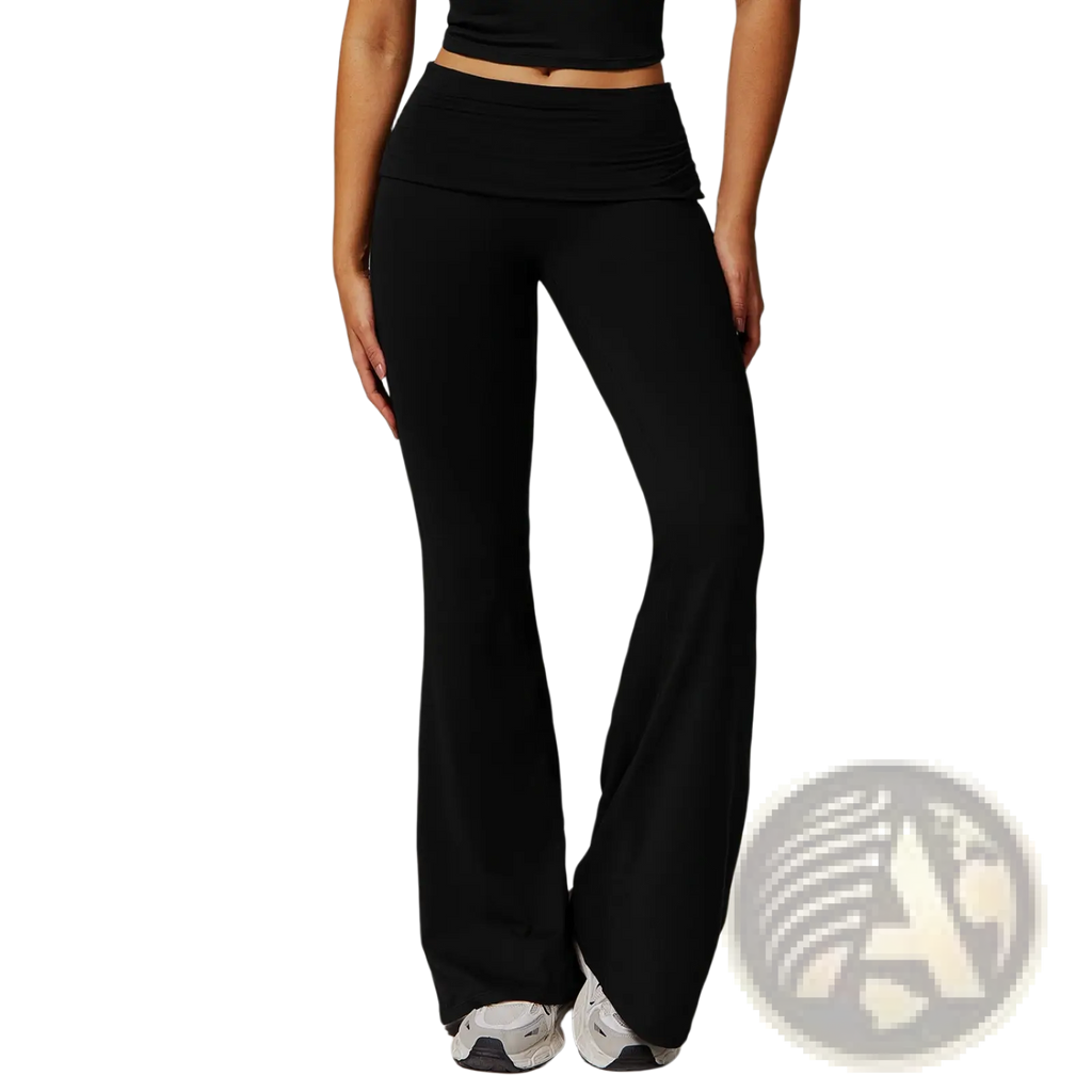 Black high waist flared yoga pants made of stretchy smooth fabric with an elastic waistband for comfortable wear