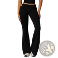 Black high waist flared yoga pants made of stretchy smooth fabric with an elastic waistband for comfortable wear