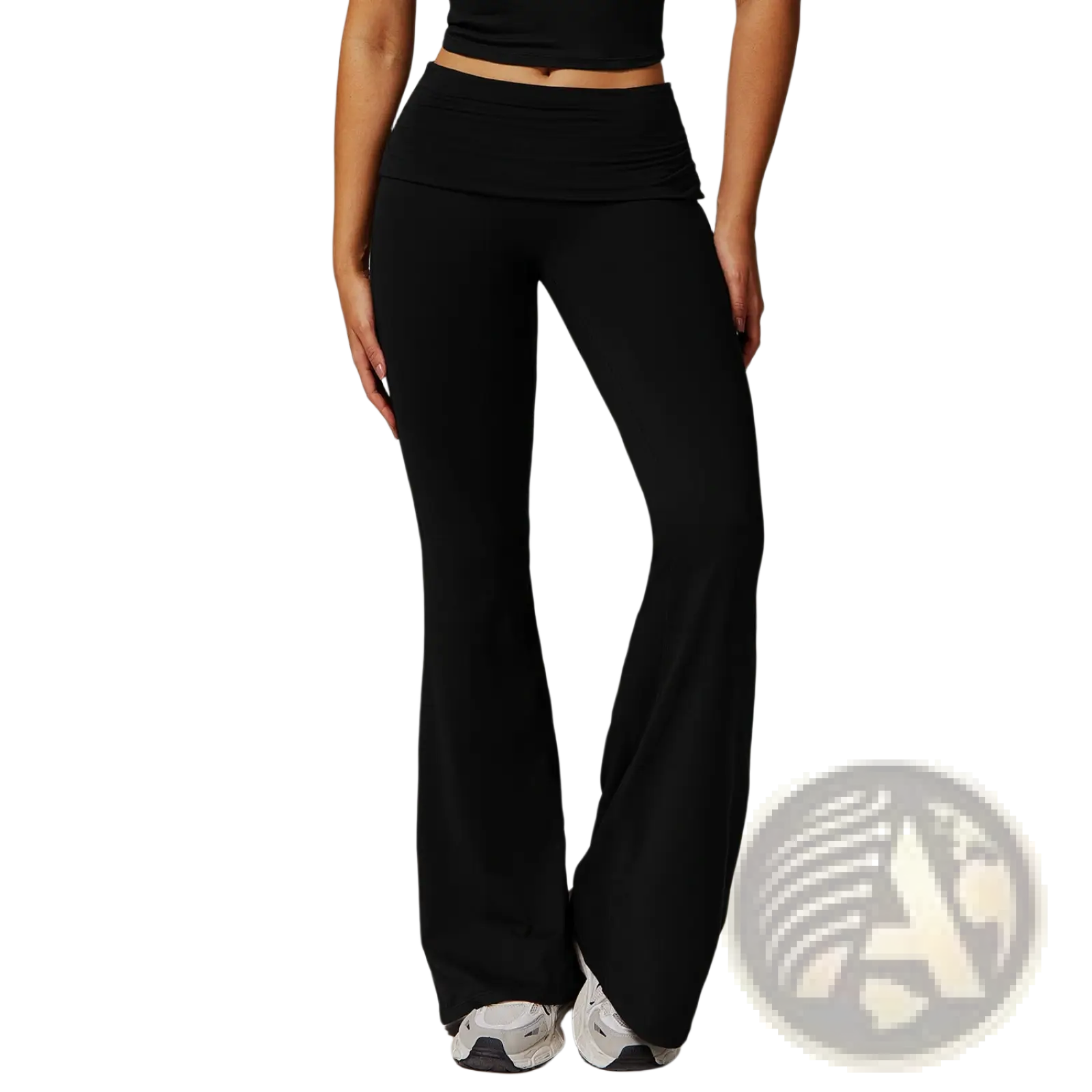 Black high waist flared yoga pants made of stretchy smooth fabric with an elastic waistband for comfortable wear