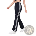 Black high waist flared yoga pants with two white vertical side stripes ideal for comfortable activewear