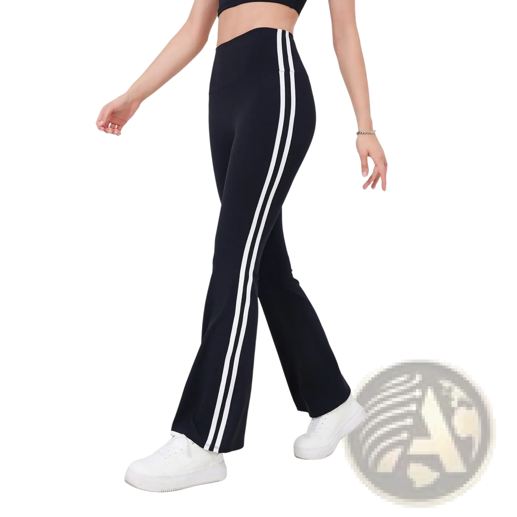 High waist flared yoga pants in black with two white vertical side stripes for a sporty look