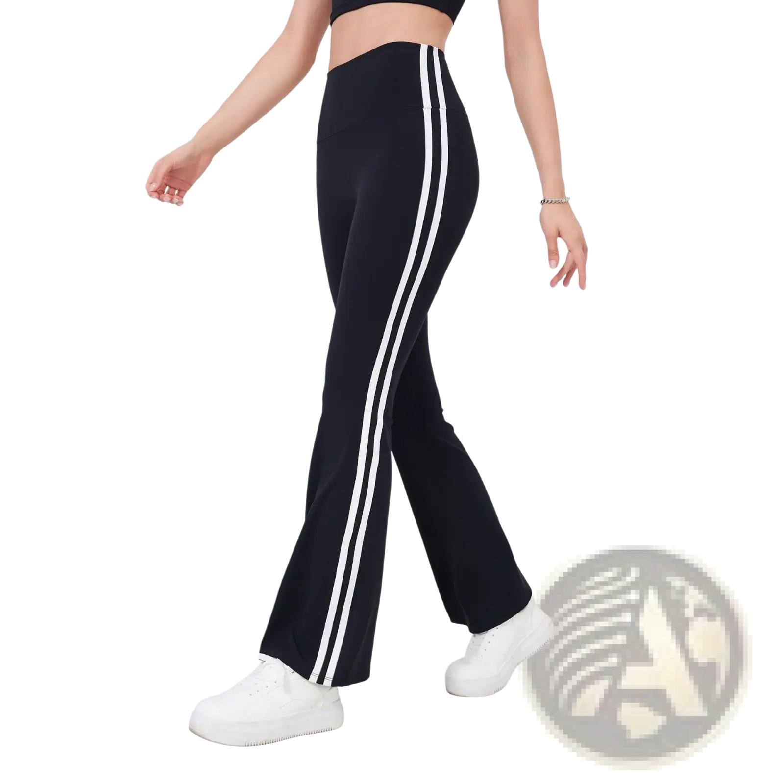 High waist flared yoga pants in black with two white vertical side stripes for a sporty look